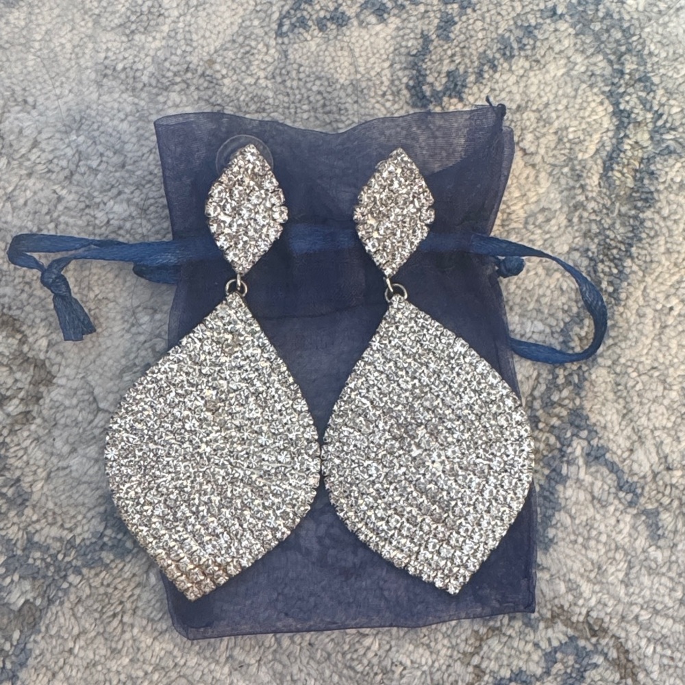 Statement Silver Rhinestone Tear Drop Earrings - image 1